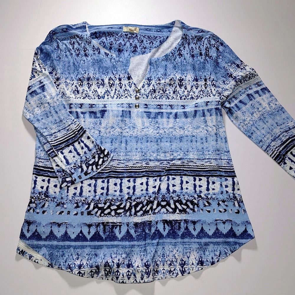 One Step Up Blue Printed 3/4Fitted Sleeve Top‎ Womens Size Large Lightweight